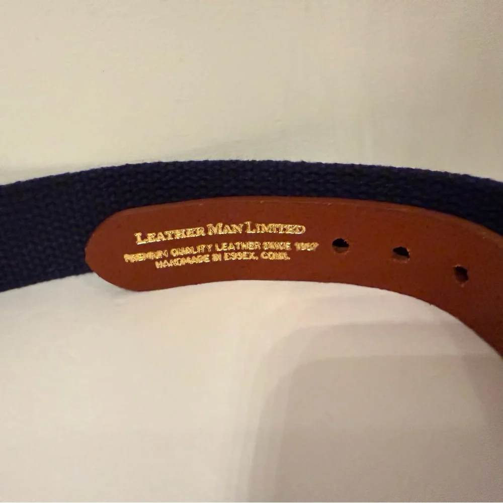 LEATHER MAN MENS BELT NAVY WHITE WH WATCH HILL RI NAUTICAL USA SIZE 30